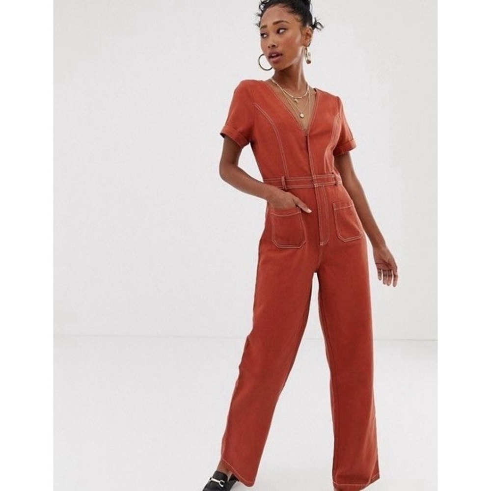 Emory Park Orange Boiler Jumpsuit V Neck XS Short Sleeve 100%‎ Cotton